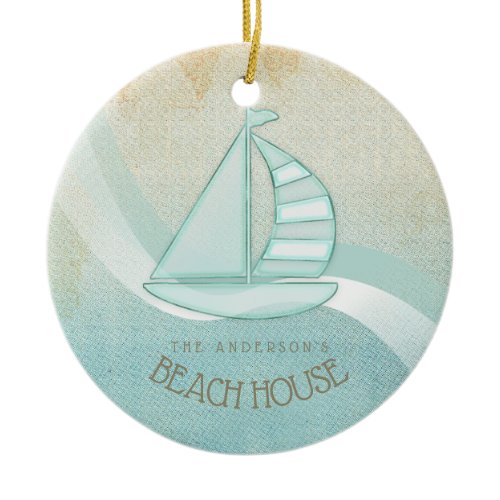 Beach House Nautical Sailboat Aqua Blue ID623 Ceramic Ornament