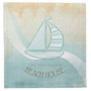 Beach House Nautical Sailboat Aqua Blue ID623 Cloth Napkin