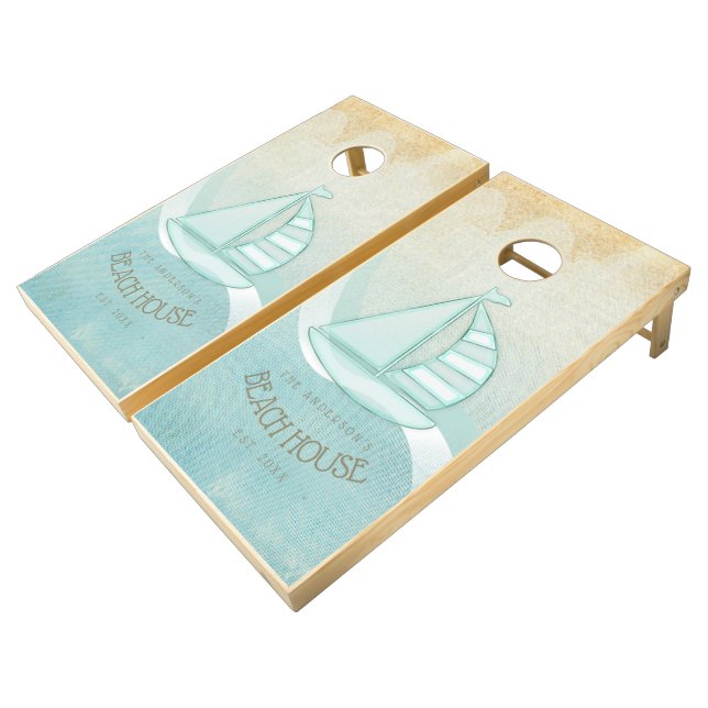 Beach House Nautical Sailboat Aqua Blue ID623 Cornhole Set (Angled)