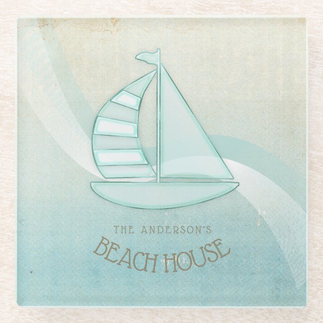 Beach House Nautical Sailboat Aqua Blue ID623 Glass Coaster (Front)