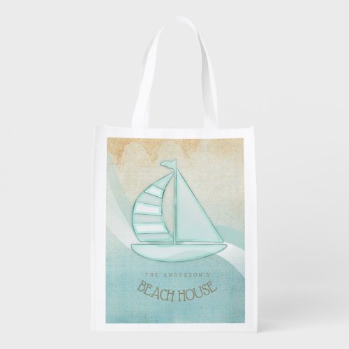 Beach House Nautical Sailboat Aqua Blue ID623 Grocery Bag