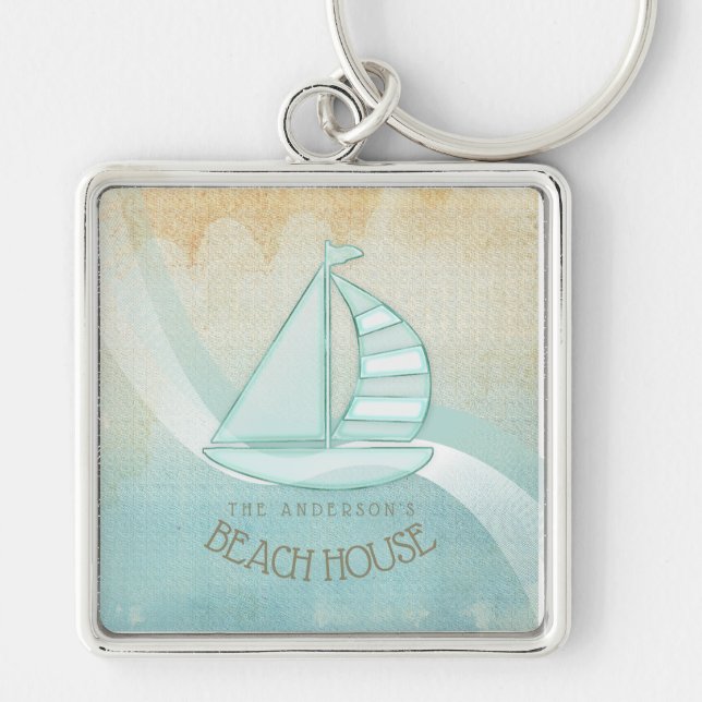 Beach House Nautical Sailboat Aqua Blue ID623 Keychain (Front)