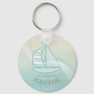 Beach House Nautical Sailboat Aqua Blue ID623 Keychain