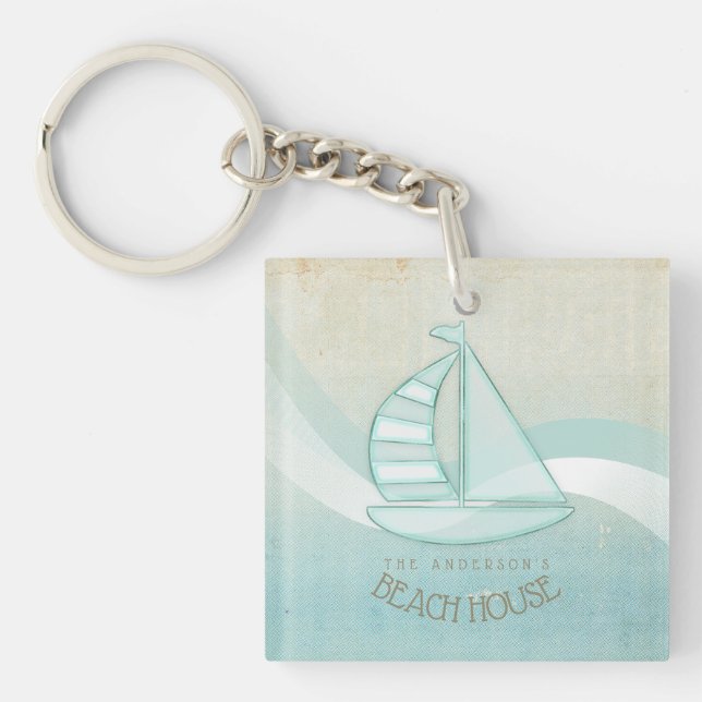 Beach House Nautical Sailboat Aqua Blue ID623 Keychain (Front)