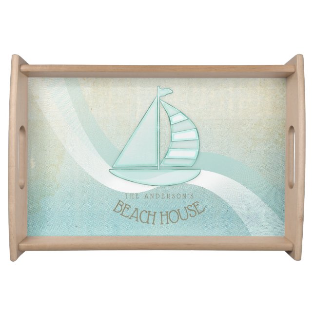 Beach House Nautical Sailboat Aqua Blue ID623 Serving Tray (Front)