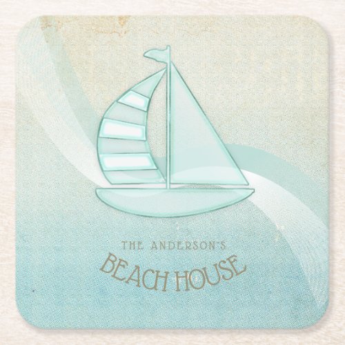 Beach House Nautical Sailboat Aqua Blue ID623 Square Paper Coaster