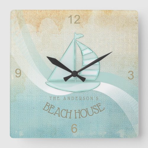 Beach House Nautical Sailboat Aqua Blue ID623 Square Wall Clock