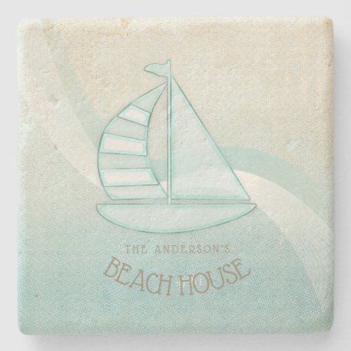 Beach House Nautical Sailboat Aqua Blue ID623 Stone Coaster