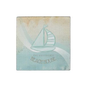 Beach House Nautical Sailboat Aqua Blue ID623 Stone Magnet