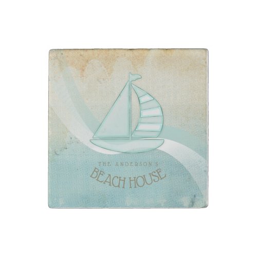 Beach House Nautical Sailboat Aqua Blue ID623 Stone Magnet