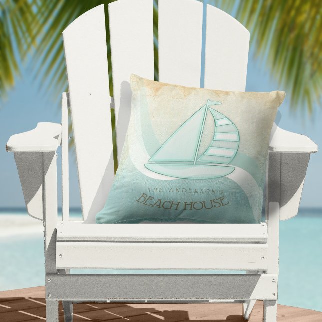 Beach House Nautical Sailboat Aqua Blue ID623 Throw Pillow (Creator Uploaded)