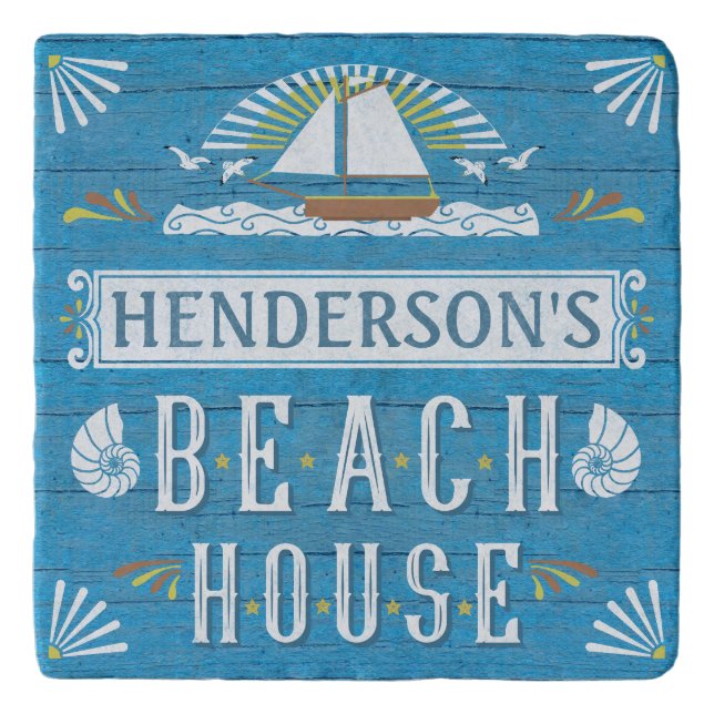 Beach House Nautical Sailboat Coastal Personalized Trivet (Front)