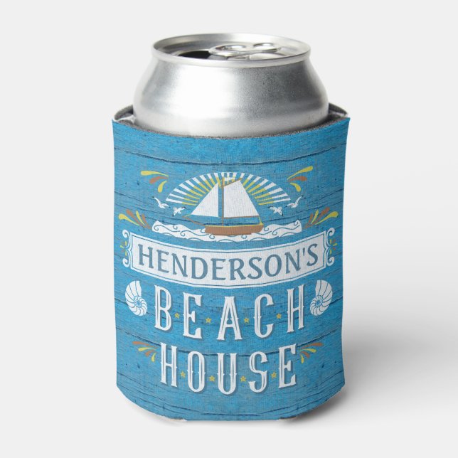 Beach House Nautical Sailboat Seashells Add Name Can Cooler (Can Front)