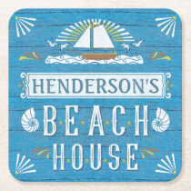 Beach House Nautical Sailboat Seashells Your Name Square Paper Coaster