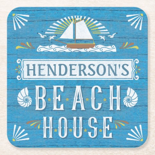 Beach House Nautical Sailboat Seashells Your Name Square Paper Coaster