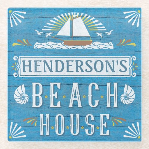 Beach House Nautical Sailboat Shells Custom Name 2 Glass Coaster