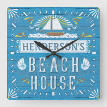 Beach House Nautical Sailboat Shells Custom Name 2 Square Wall Clock