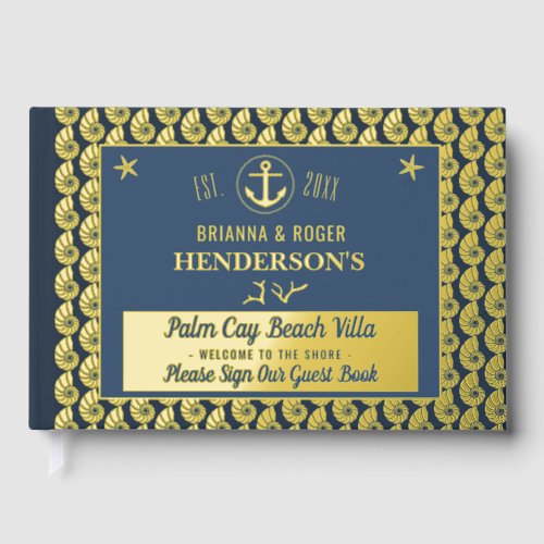 Beach House Nautical Shells Vacation Rental Gold Foil Guest Book