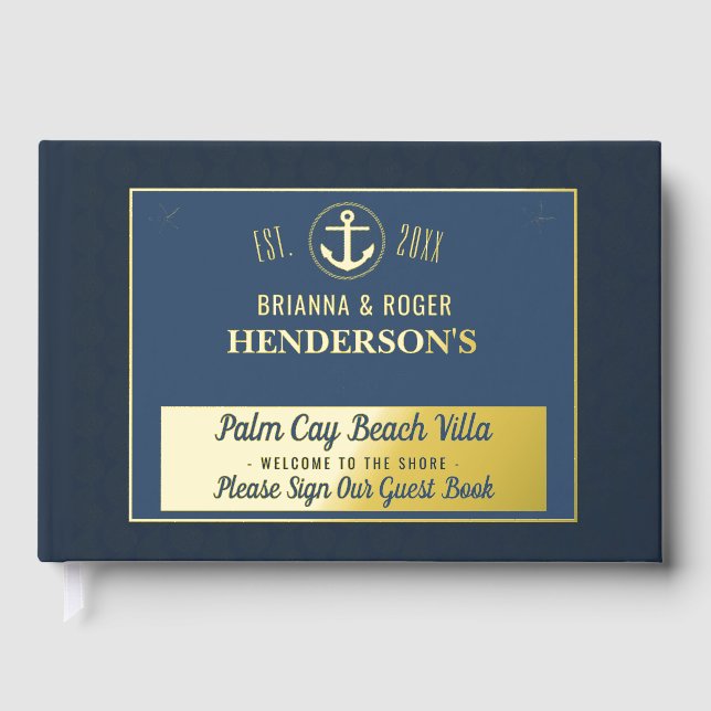Beach House Nautical Shells Vacation Rental Gold Foil Guest Book (Front)