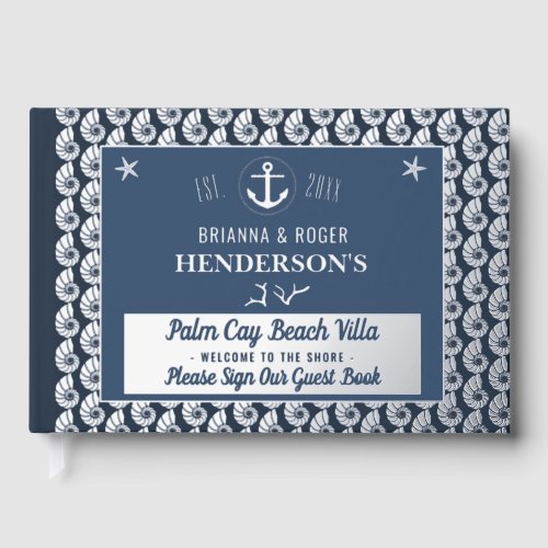 Beach House Nautical Shells Vacation Rental Silver Foil Guest Book