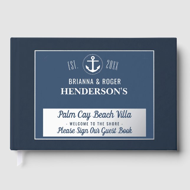 Beach House Nautical Shells Vacation Rental Silver Foil Guest Book (Front)