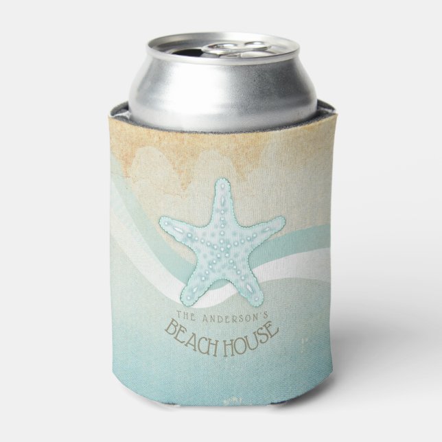 Beach House Nautical Starfish Aqua Blue ID623 Can Cooler (Can Front)