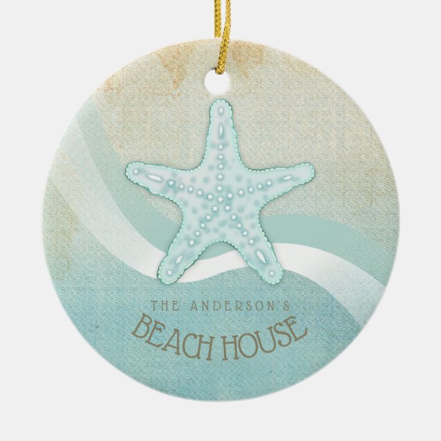 Beach House Nautical Starfish Aqua Blue ID623 Ceramic Ornament (Front)