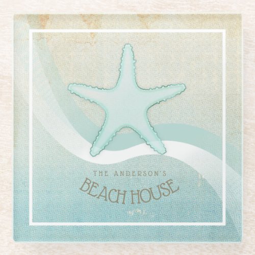 Beach House Nautical Starfish Aqua Blue ID623 Glass Coaster