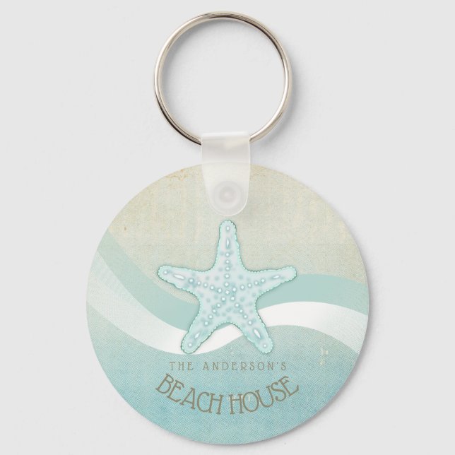 Beach House Nautical Starfish Aqua Blue ID623 Keychain (Front)
