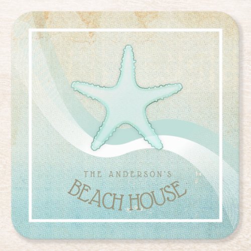 Beach House Nautical Starfish Aqua Blue ID623 Square Paper Coaster