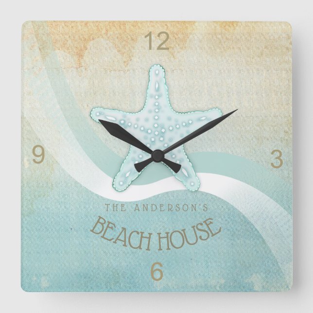 Beach House Nautical Starfish Aqua Blue ID623 Square Wall Clock (Front)