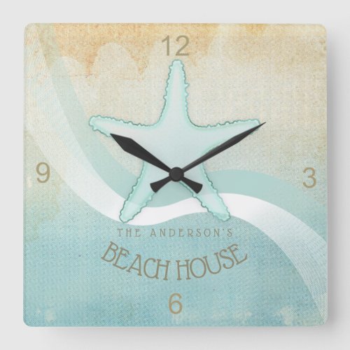 Beach House Nautical Starfish Aqua Blue ID623 Square Wall Clock