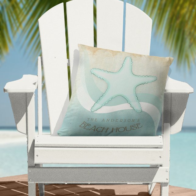 Beach House Nautical Starfish Aqua Blue ID623 Throw Pillow (Creator Uploaded)