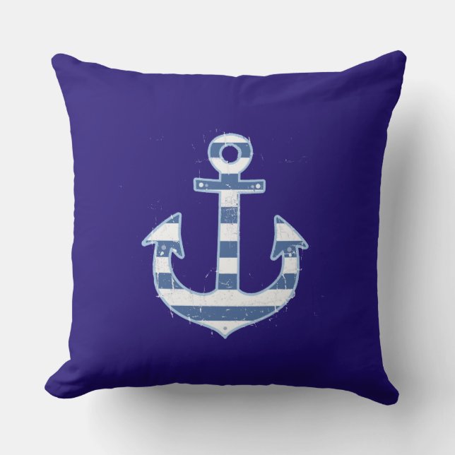 Beach House Nautical Striped Anchor Throw Pillow (Front)