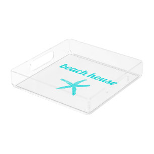 Beach House Nautical Teal Blue White Starfish Cute Acrylic Tray
