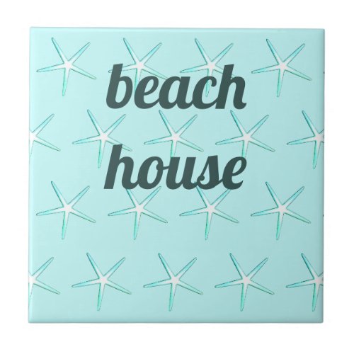 Beach House Nautical Teal Blue White Starfish Cute Ceramic Tile