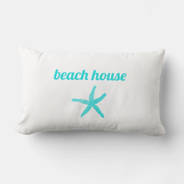 Beach House Nautical Teal Blue White Starfish Cute Lumbar Pillow (Front)