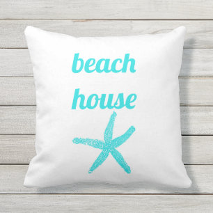 Beach House Nautical Teal Blue White Starfish Cute Outdoor Pillow