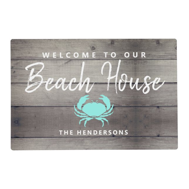 Beach House Nautical Teal Crab Personalized Placemat (Front)