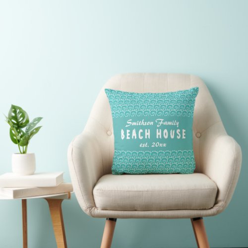 Beach House Nautical Teal Ocean Water Waves Name Throw Pillow