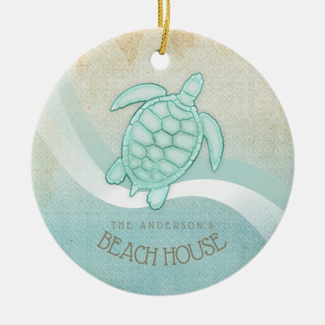 Beach House Nautical Turtle Aqua Blue ID623 Ceramic Ornament (Front)