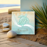 Beach House Nautical Turtle Aqua Blue ID623 Ceramic Tile<br><div class="desc">This ceramic tile design in the soft colors of sea and sand allows you to easily add your own name and text using the provided template. The simple turtle image on a distressed, watercolor background is highlighted by a wave accent in aqua and white. If you aren't fortunate enough to...</div>