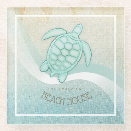 Beach House Nautical Turtle Aqua Blue ID623 Glass Coaster