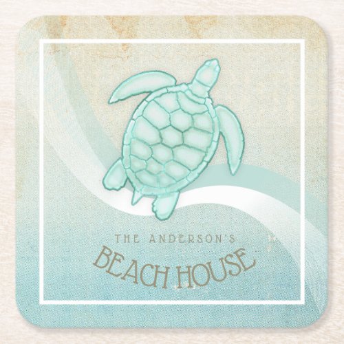 Beach House Nautical Turtle Aqua Blue ID623 Square Paper Coaster