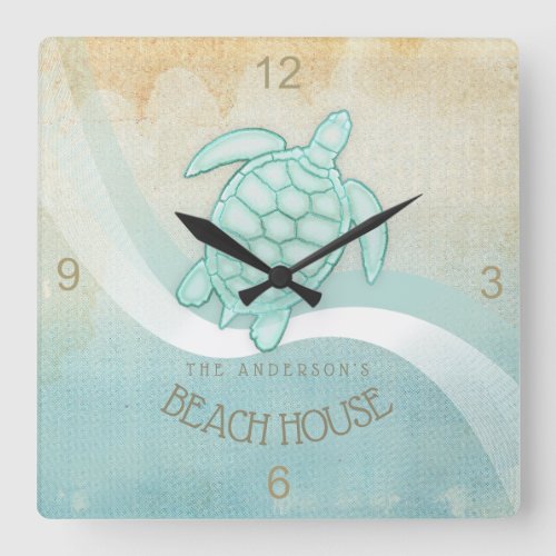 Beach House Nautical Turtle Aqua Blue ID623 Square Wall Clock