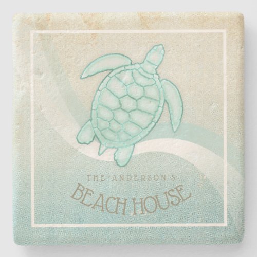 Beach House Nautical Turtle Aqua Blue ID623 Stone Coaster