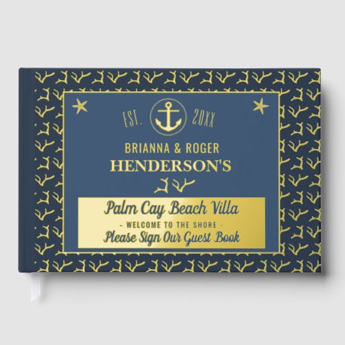 Beach House Nautical Vacation Rental Coral Gold Foil Guest Book