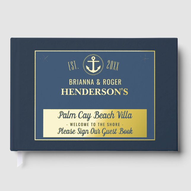 Beach House Nautical Vacation Rental Coral Gold Foil Guest Book (Front)
