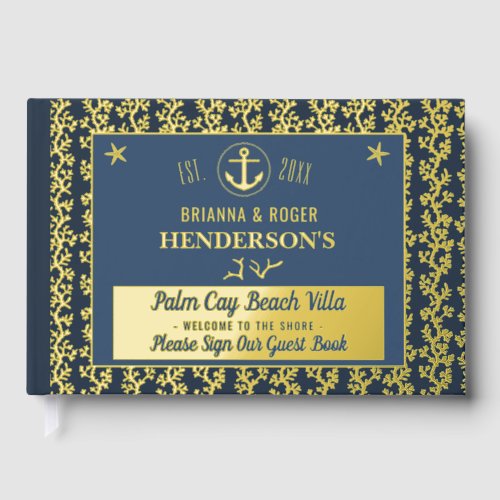 Beach House Nautical Vacation Rental Gold Coral Foil Guest Book