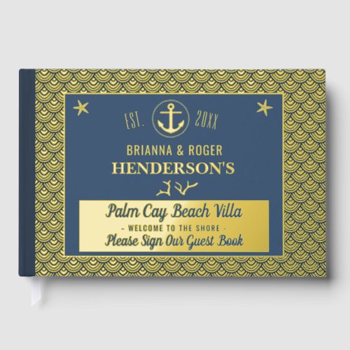 Beach House Nautical Vacation Rental Gold Shells Foil Guest Book